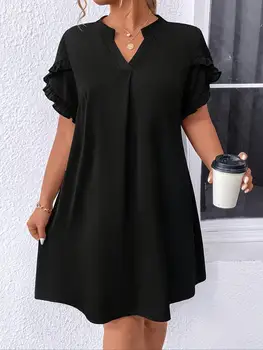 Across European and American borders, summer loose new foreign trade lotus leaf women's dress with a V-neck opening.