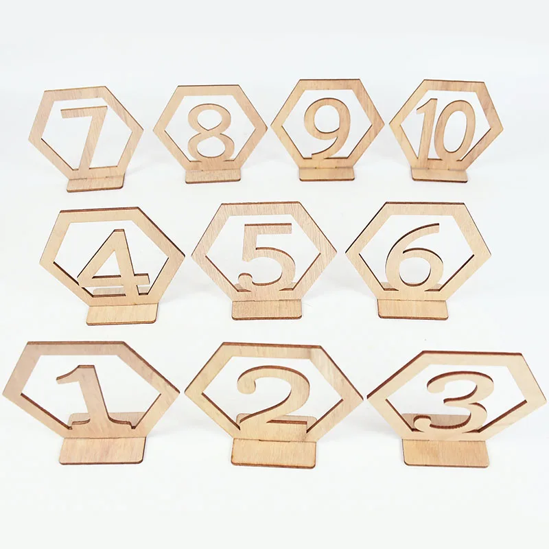 10pcs Wooden Table Number Sign Hexagon Place Card Rustic Wedding Desktop Decor Engagement Seat Number Signs Event Party Supplies