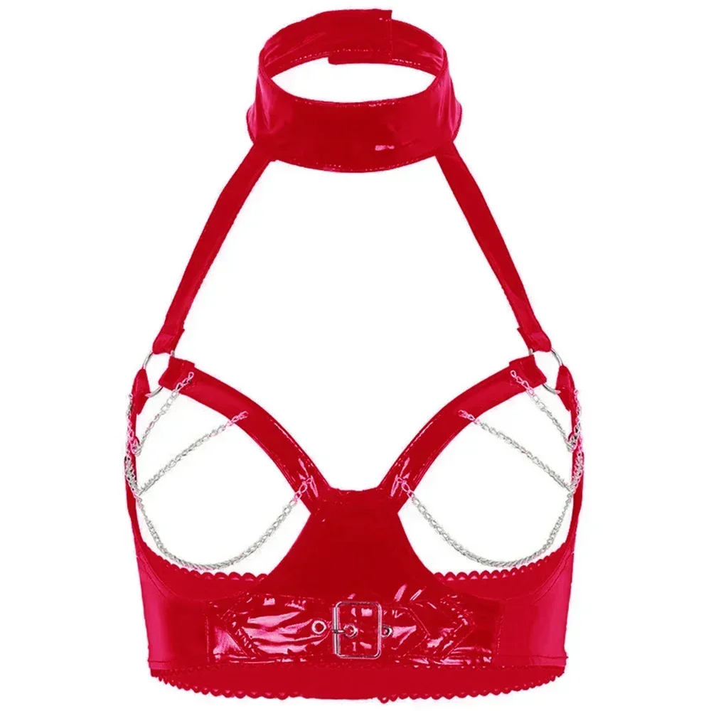 Women Sexy PVC Leather Exposed Breast Bra Wetlook Erotic Exposing Nipples Bras Open Cup Latex Bra Glossy Leather Tops with Chain