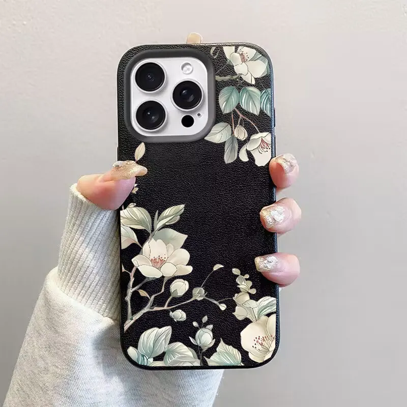 Charming White Floral Leaves Silicone Leather Phone Case