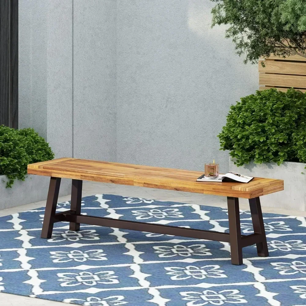 New2025-Home Carlisle Outdoor Acacia Wood and Rustic Metal Bench, Sandblast Finish / Rustic Metal 14. 75 x 63 x 17. 50 inches
