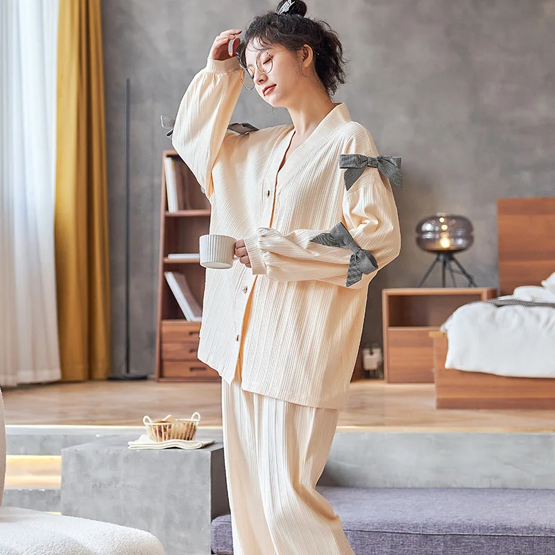 SLPBELY Women Pajamas Set Homesuit Spring V Neck Long Sleeve Sweet Nightwear Sleepwear Sleepwear Princess Style Homewear Pyjamas white pajama set Pajama Sets