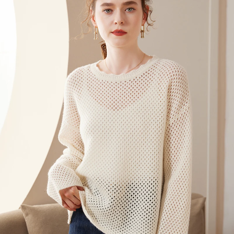 

24 Years 100 Pure Cashmere Sweater Women's Hollow Loose Outline Version Knitted White Autumn and Winter New Short Sweater