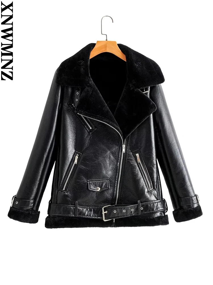 XNWMNZ 2022 women winter fur motorcycle retro belted riding women's coat long-sleeved lapel thick warm black zipper female coat