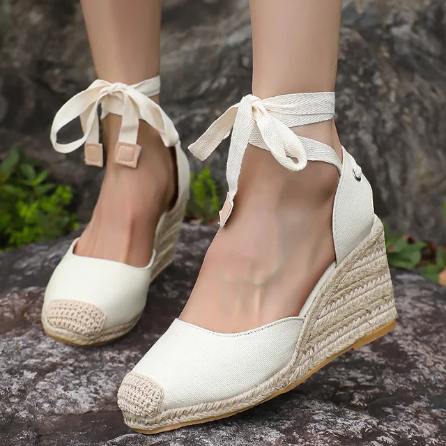 Espadrilles sandales compensées pour femmes été 2025 bout fermé bride à la cheville sandales Slingback femme confort à lacets sandales décontractées 1