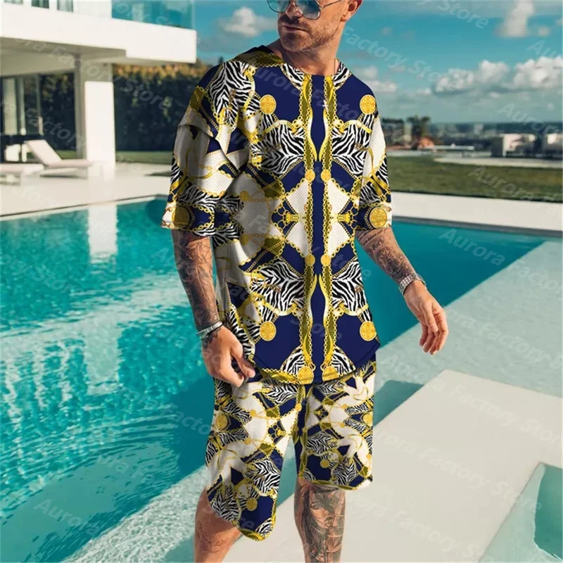 3D Printing Retro Style Men's Fashion Summer Short-Sleeved T-Shirt Set Fashion Two-Piece Street Beach Short-Sleeve Tracksuit Men