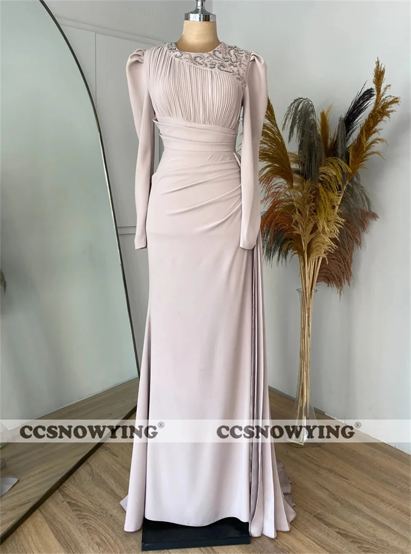 

Elegant Long Sleeve High Neck Diamond Islamic Banquet Gown Tailed Muslim Evening Dress