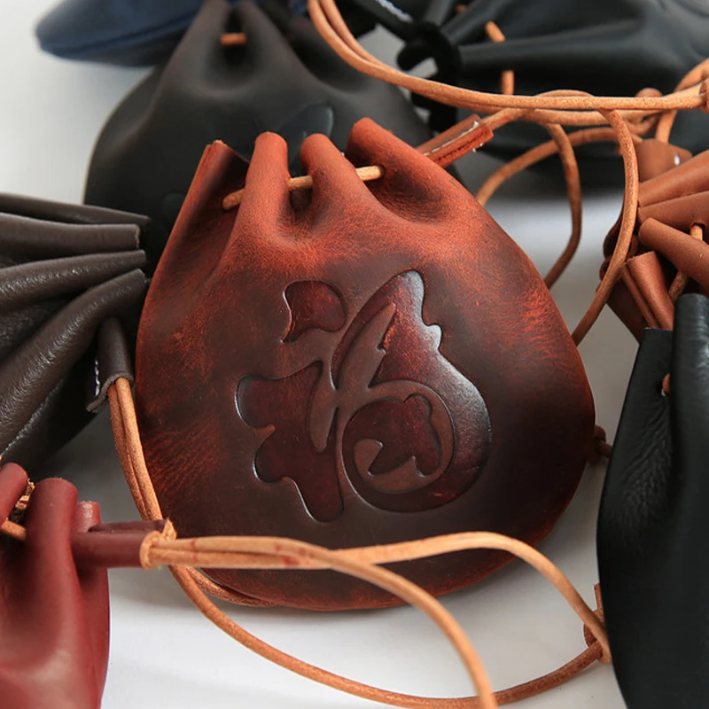 Genuine Leather Coin Purse Men Women Vintage Cowhide Leather Small Coin Wallet Money Pocket Drawstring Storage Bag
