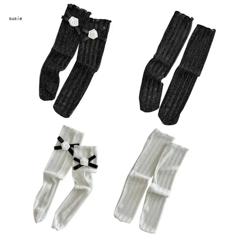 

X7YA Lace Hollow Out Socks For Womens Summer Solid Color Thin Socks with Bowknot
