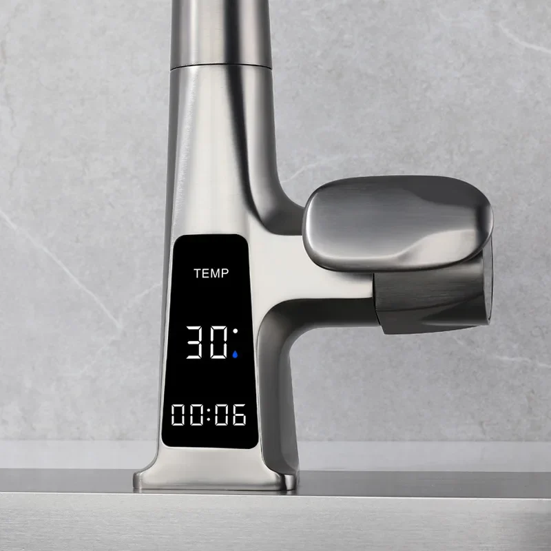Kitchen Household Rotating and Stretchable Sink Digital Display Faucet, Waterfall Multifunctional Pull Kitchen Sink  Faucet