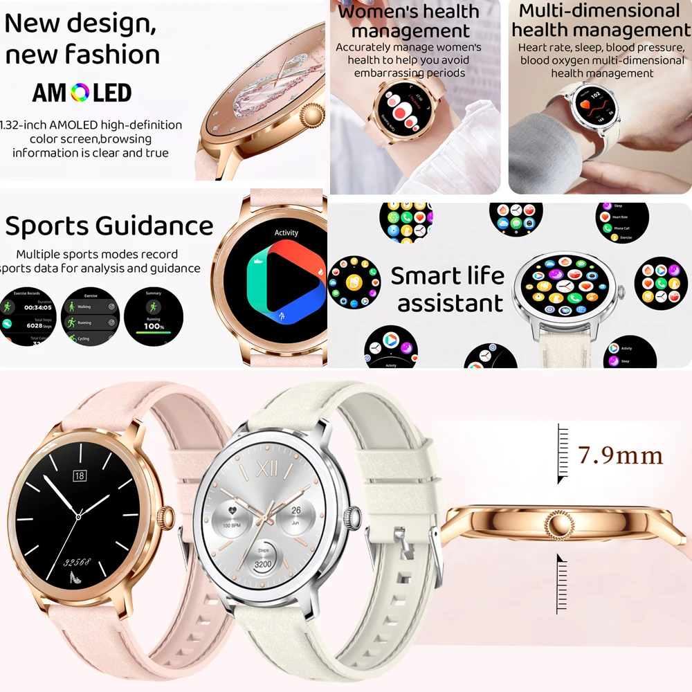 2025 New Ultra-Thin AMOLED Smart Watch Health monitor Custom Dial Ladies Bracelet BT Call Screen Always Display Smartwatch +Box