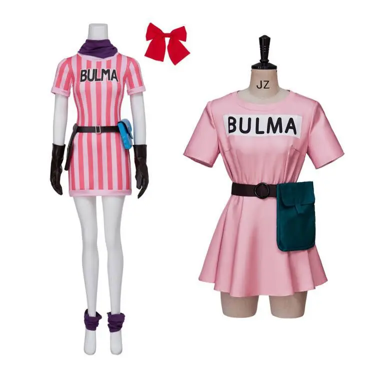 

Bulma Cosplay Costume Pink Stripe Dress Headwear Purple Scarf Belt Bag Full Set for Women's Halloween Cosplay Costume Outfits