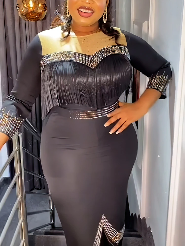 فستان متوسط الطول مرقع شبكي من الكريستال للنساء ،...