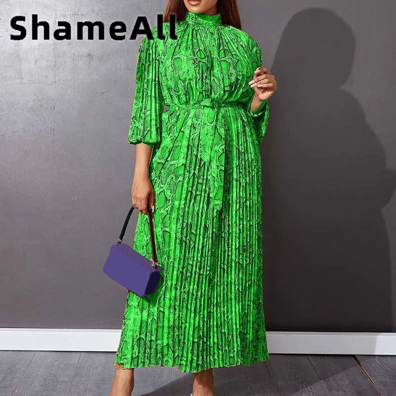 

Women Plus Size Half Sleeve Snake Skin Print Bow Tie Long Dress 4XL Summer High Waist with Belt Pleated African Satin Green Robe