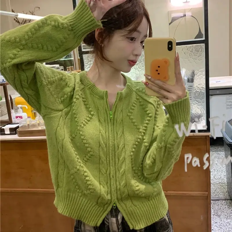 

Korean Solid Color Zipper Knitted Cardigan Autumn New Loose All-Match Long Sleeve Twist Sweater Coat Women's Clothing Top T726