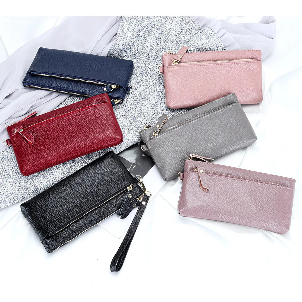 

Portable Zipper Women's Clutch Bag Multi Compartment Grab Bag Minimalist Large Capacity Genuine Leather Long Handbag