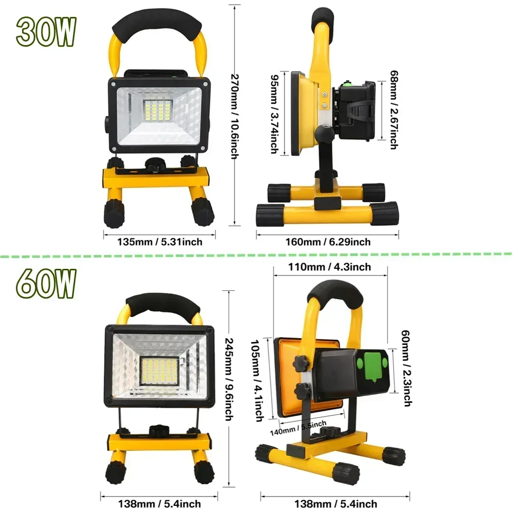 30W/60W LED Portable Rechargeable Floodlight Waterproof Spotlight Battery Powered Searchlight Outdoor Work Lamp Camping Lantern led flashlight camping lights camping lamp led work light work light
