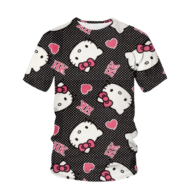 

2023 Summer Round Neck Women's Vintage Top Short Sleeve T-shirt Elegant Loose Size Daily Round Neck HELLO KITTY Print Pullover