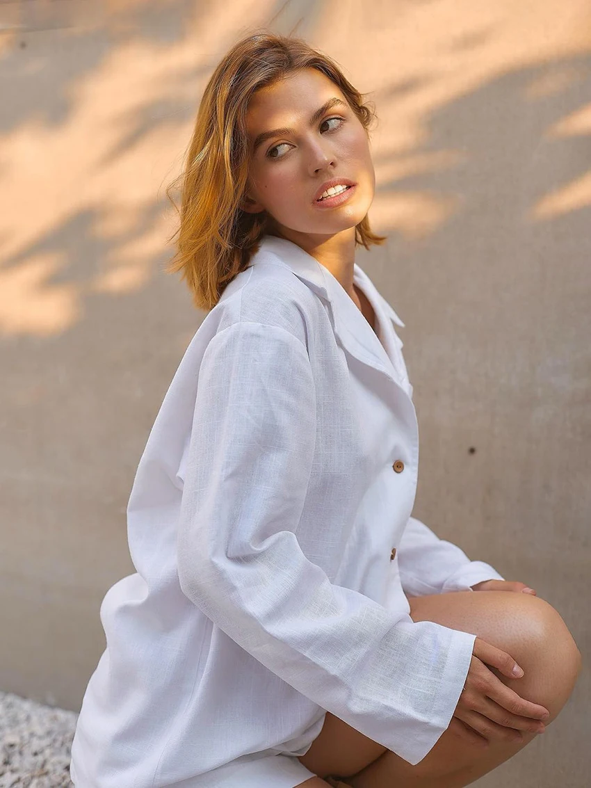 Marthaqiqi Loose White Ladies Sleepwear Set Sexy Turn-Down Collar Nightwear Long Sleeve Pajamas Shorts Casual Home Clothes Women