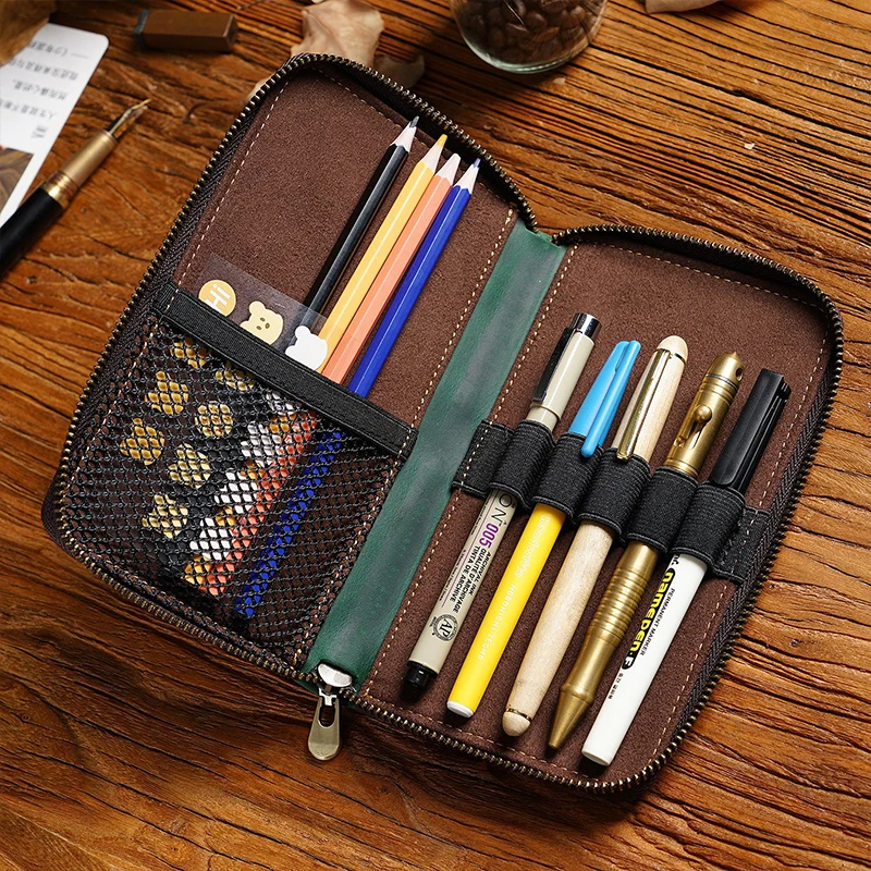 

Retro Pen Pouch Leather Pencils Case Cowhide Men Pencil Bag with Pens Slots School Students Large Capacity Pencil Bags