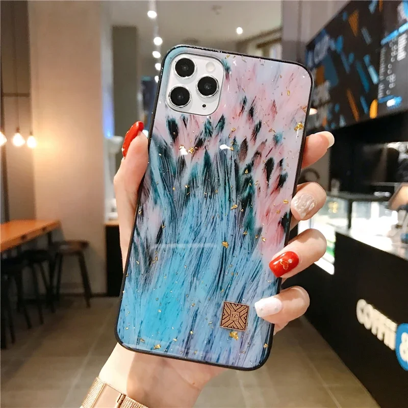 Luxurious Marble Silicone Epoxy Glitter Phone Case with Gold Foil Feather Design