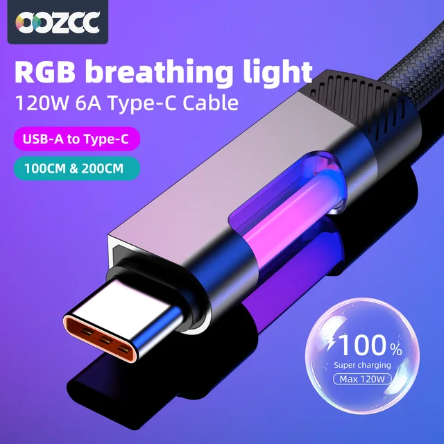 RGB Fast Charging Cable 120W 6A USB Type C Charge Cable with RGB Ambient Light 1