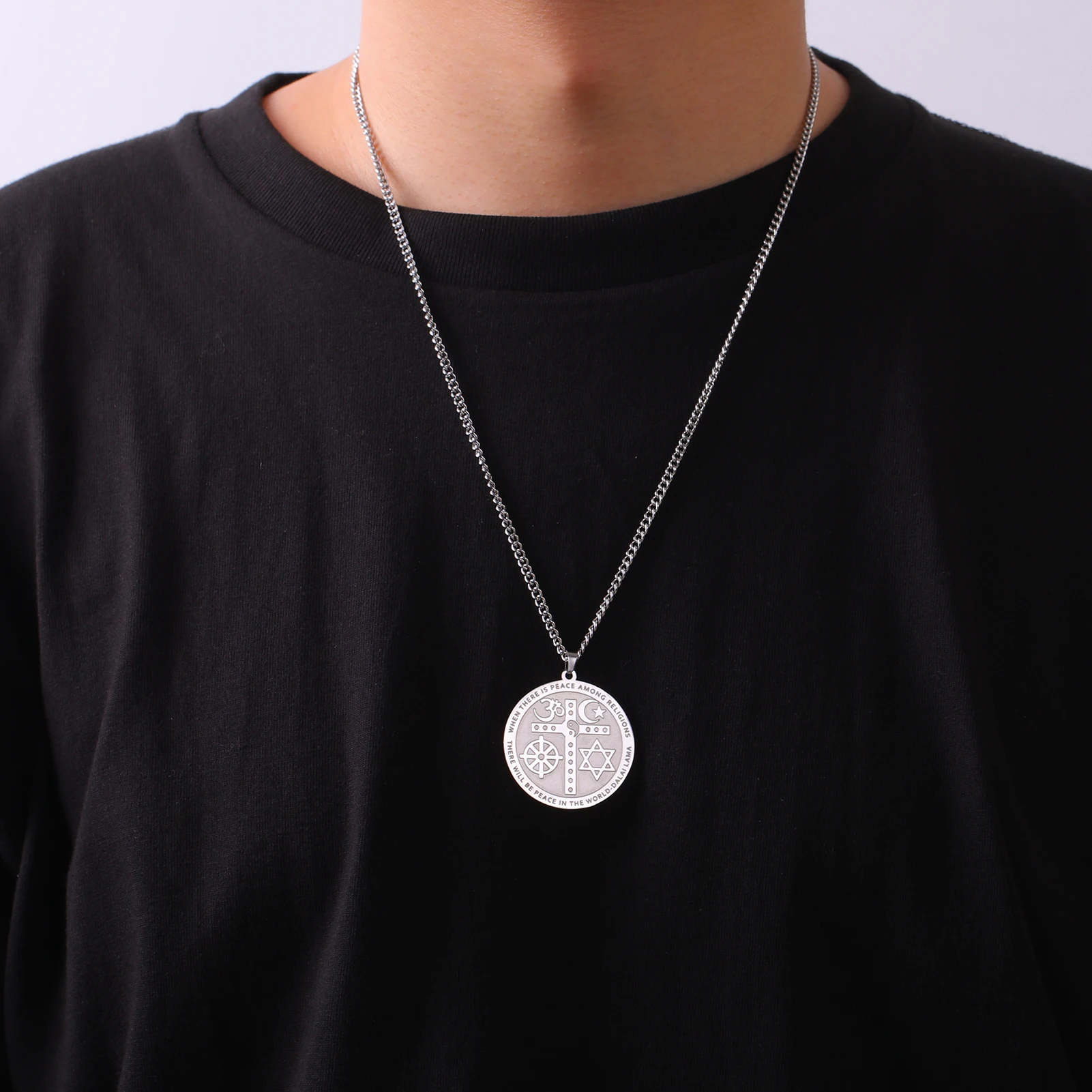 Coexist Peace Sign Necklace - Stainless Steel Pendant With Om, Cross, Star & Moon, Interfaith Jewelry For Men & Women