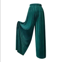 

Style Nine-point Pants Bright Silk Chiffon Pleated Trousers Elastic Waist Solid Color Casual Loose Women Wide-leg Chic Pants