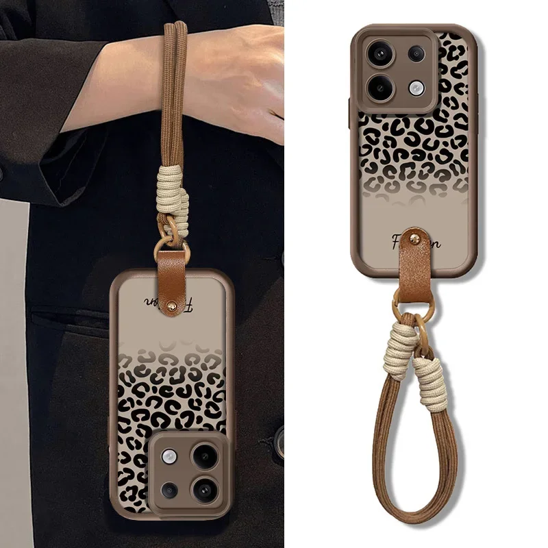 Leopard Print Lanyard Phone Case with Hang Strap and Wrist Chain Cover