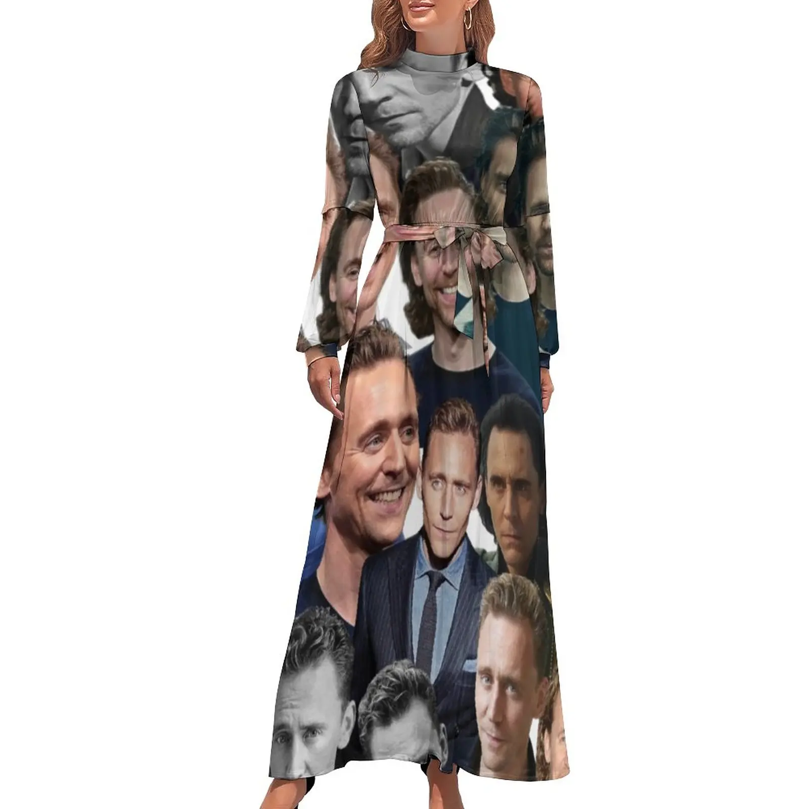 

Tom Hiddleston Photo Collage Dress Actor Aesthetic Beach Dresses Ladies Long Sleeve High Waist Vintage Long Maxi Dress