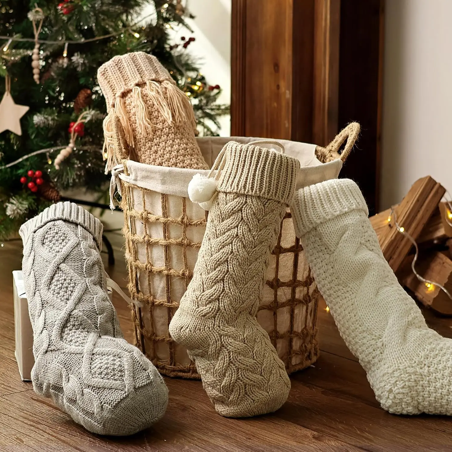 Christmas Stockings 6-8PACK 18In Cable Knit Fireplace Stockings Rustic Hanging Xmas Farmhouse Boho Decorations Family
