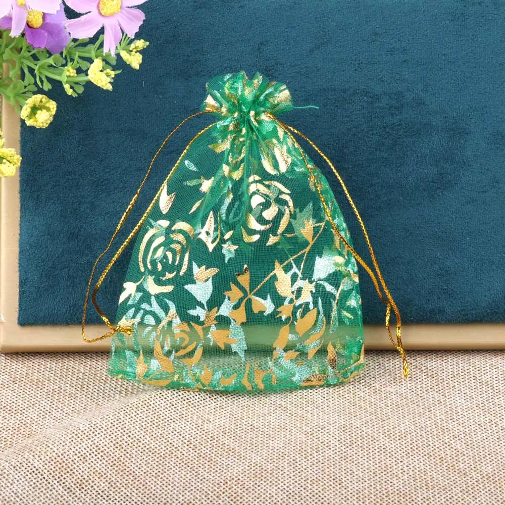 50pcs/lot Organza Drawstring Bag Colorful Hot Gold Color Rose Print Gifts Pouches Wedding Christmas Party Candy Jewelry Packing