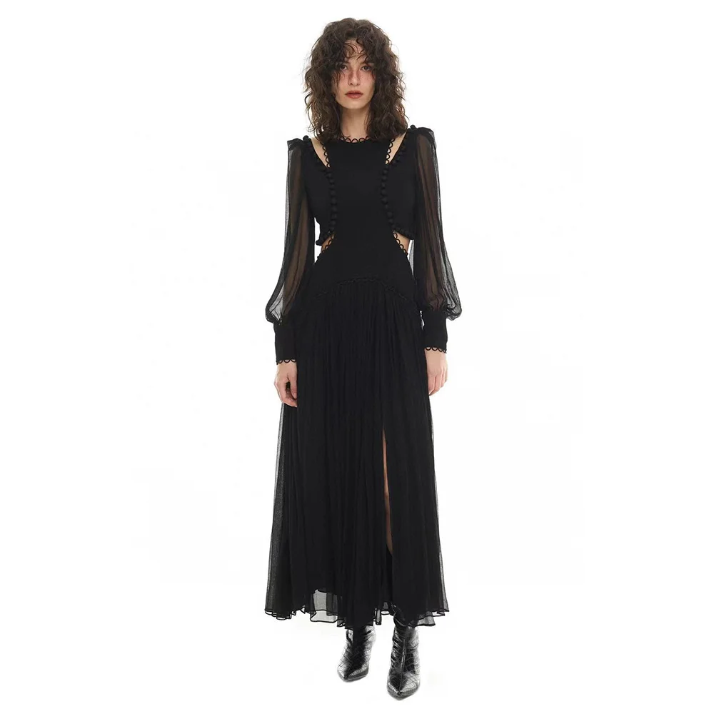 

High quality! Black Temperament Slim Long Hollow Round Neck Dresses Long Sleeve and Nude Long Spring Dresses