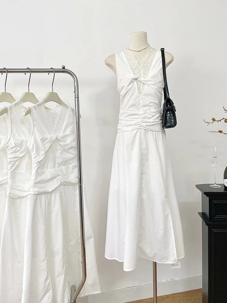 

Summer French Vintage Robe Lace Patchwork Prom Gown Long Dress Evening Women Sleeveless Coquette One-Piece Frocks Old Money Hot