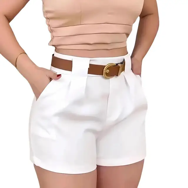 شورت صيفي نسائي بخصر عالٍ وسحاب وأزرار وساق واسعة مع جيوب وقصّة مريحة 3