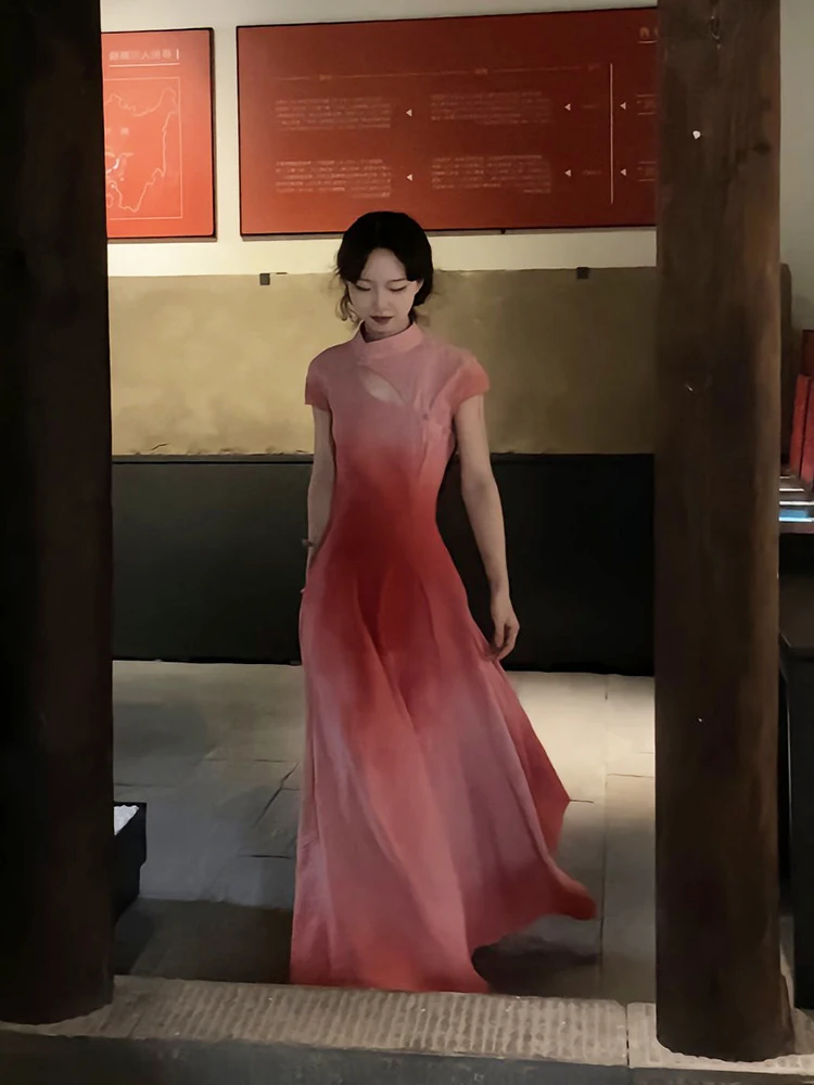 

Chinese Style Pink Homecoming Dress Banquet Gradient Long High Waisted Zipper Dresses Short Sleeve Sexy 2023 Summer Vestidos