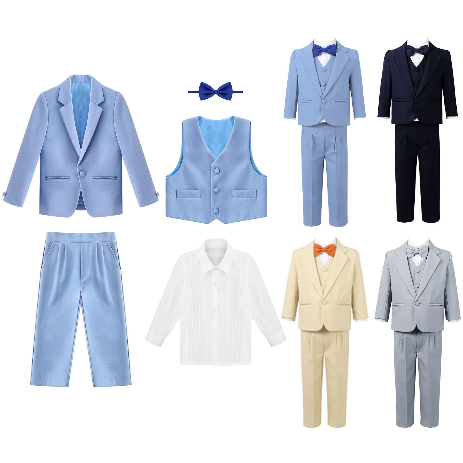 Spring Autumn Baby Boys Suit Set Kids Gentleman Blazer Vest Shirt Bow Tie Pants 5Pcs Wedding Party Formal Clothes