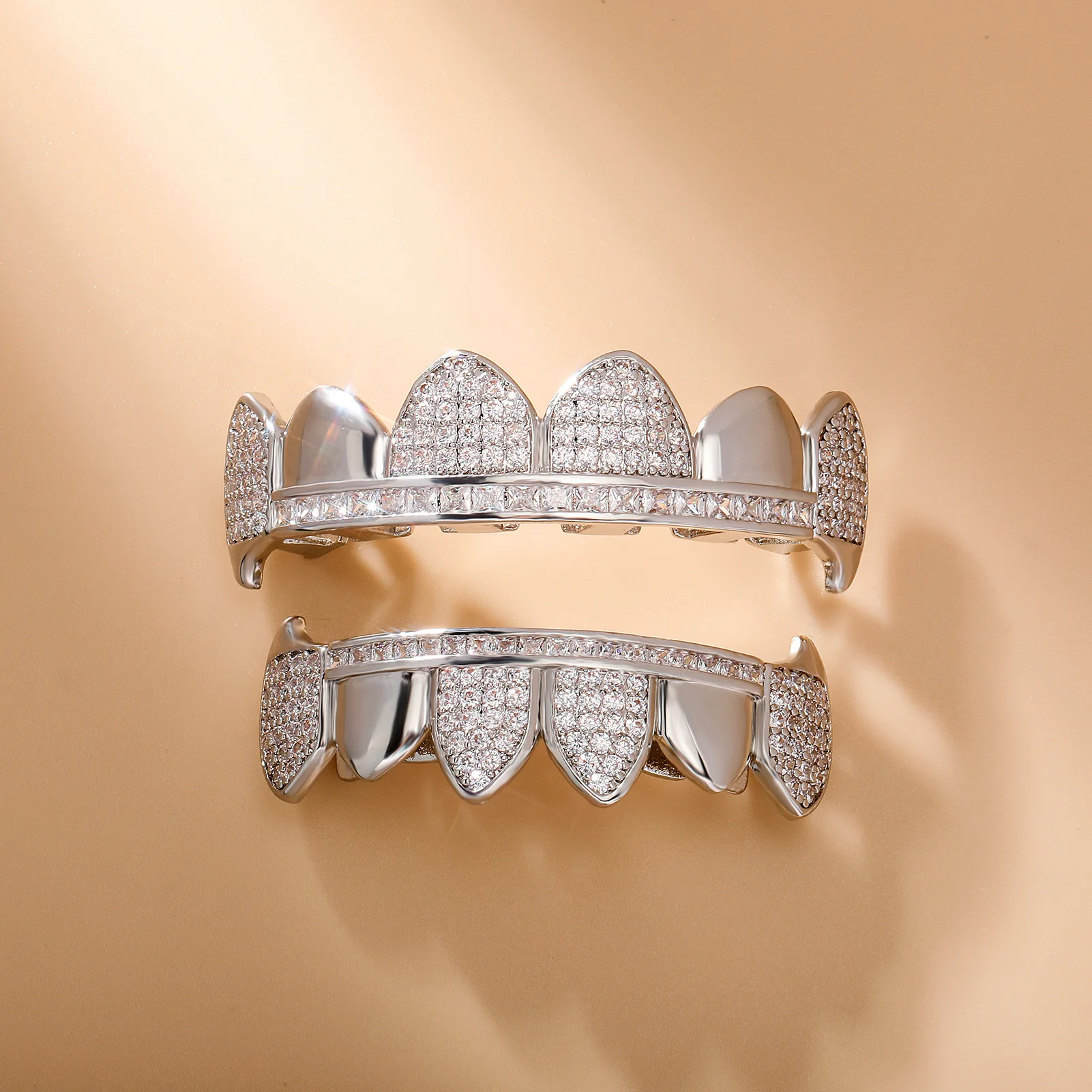 RACHELZ Hip Hop 6/6 Glossy Iced Out CZ Stone Teeth Grillz Fangs Micro-Paved Zircon Tooth Caps For Women Men Jewelry Gift