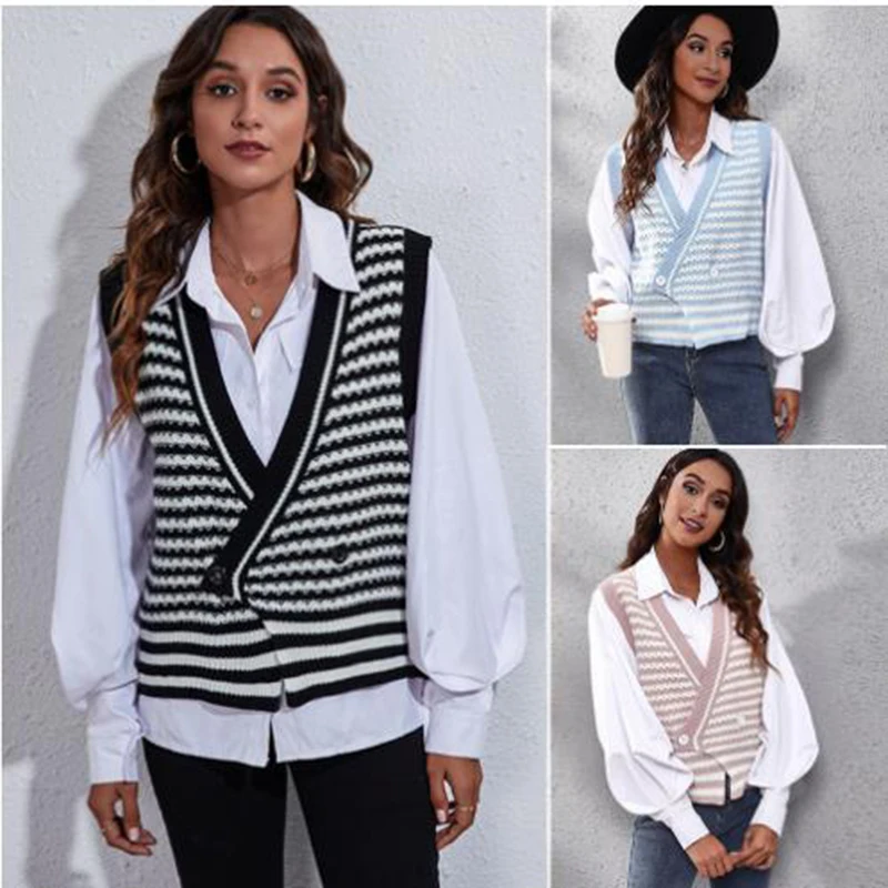 

2023 Women's Wear Striped Knit Cardigan Clip Female New Autumn Winter Warm Fashion Clothes Tops Vest Black Blue Pink Sweater S~L