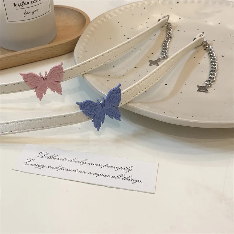 New White Choker Butterfly Necklace For Women Y2k Cute Leather Torques Necklace Jewelry Link Chain Butterfly Accessories Gift