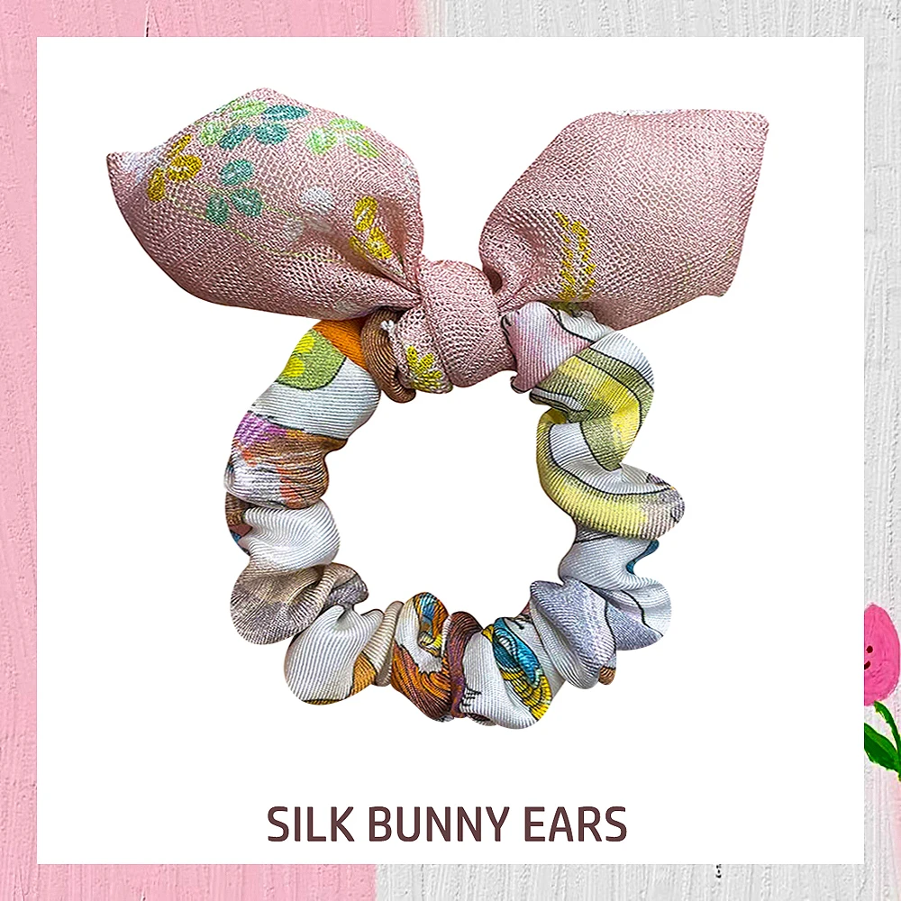 

Newes 100% Silk Bunny Ears Scrunchies Elastic Baby Pure Silk Hair Bands Ponytail Holder Cute Hair Ties Accessories for Girls