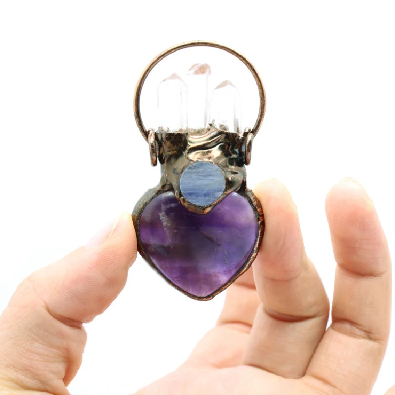 

Soldered Bronze Plated Large Heart Shape Natural Amethysts Crystal Vintage Necklace Pendant Bohemia Jewelry