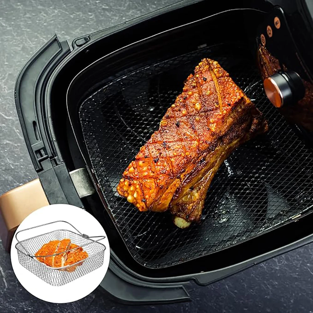 Steamer Rack Air Fryer Rack Steamer Basket 8 Inch Air Fryer Basket Stainless Steel Square Air Fryer Pan Wire Mesh Steamer Rack with Handles