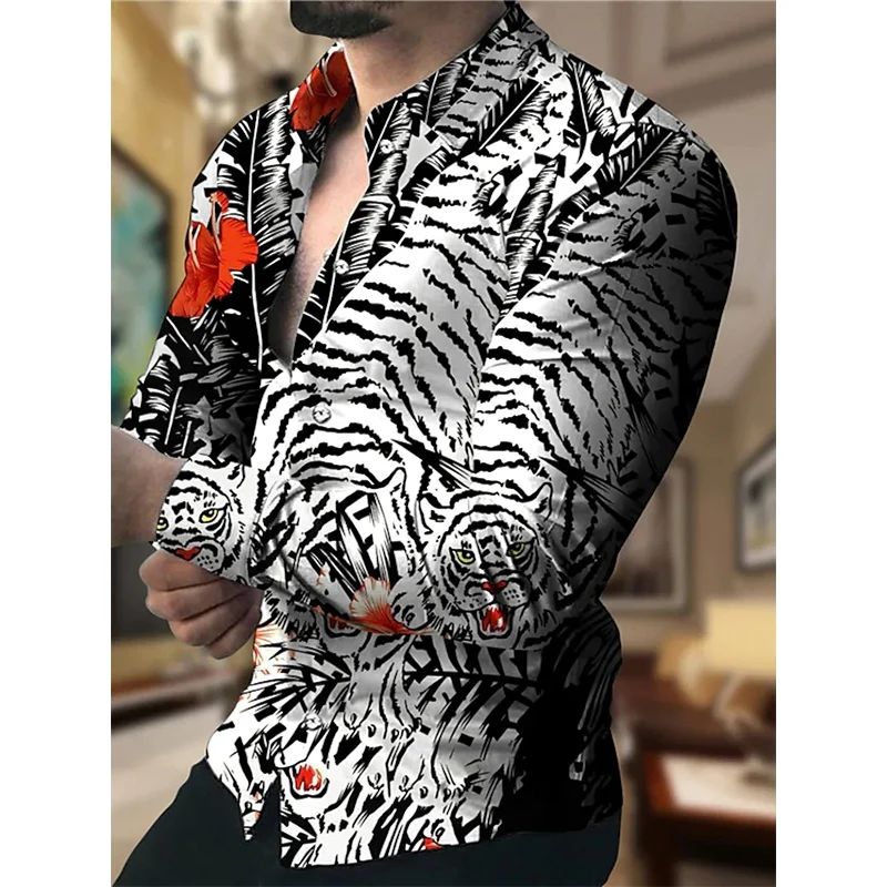 

Social Vintage Shirts For Men Oversized Casual Shirt Tiger Print Long Sleeve Button Tops Men's Clothing Prom Party Cardigan New