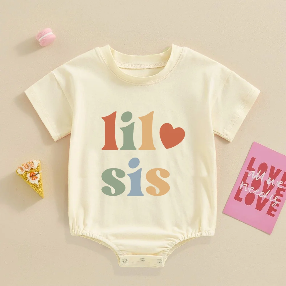 Big Brother Little Sister Printed Shirt Retro Sibling Matching Clothes Kids Short Sleeve T-shirt Tops Baby Large Bubbles Romper 6