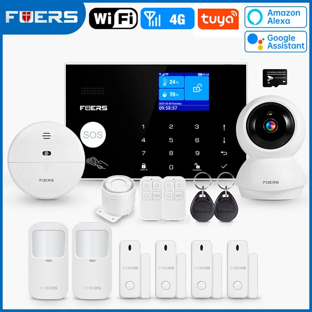 FUERS WIFI GSM Alarm System Wireless Home Burglar Security Alarm System Tuya APP Control Siren Motion Detector PIR Smoke Sensor