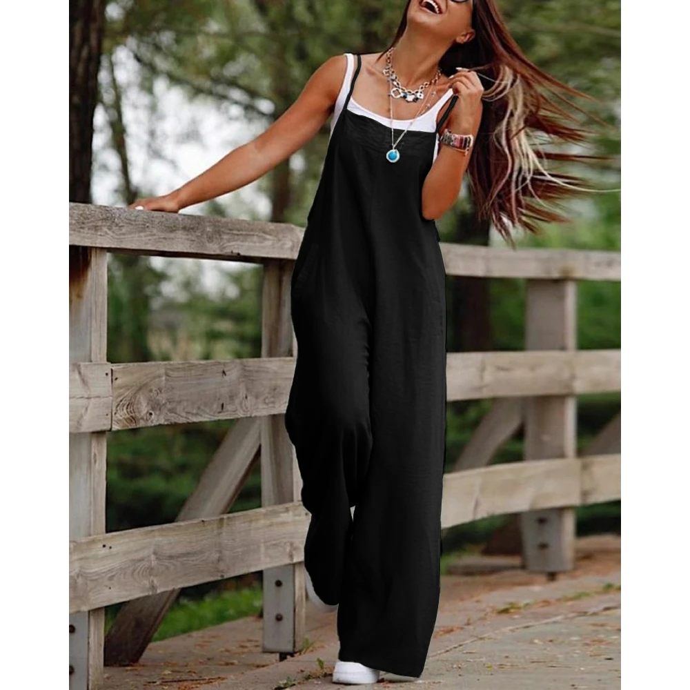 Women Spaghetti Strap Square Neck Suspender Jumpsuit Sleeveless Overalls Summer Female One-piece Casual Pocket Decor Outfits y2k