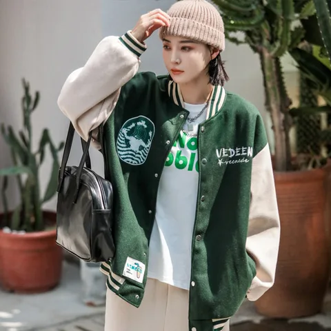 Spring Women Oversized Print Embroidered Splicing Baseball Uniforms Lovers Fashion Hip Hop O Neck Streetwear Jacket Coat