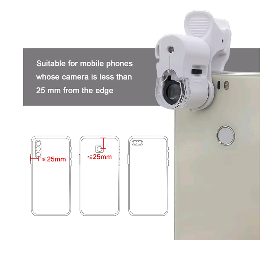 60X Universal Clip Microscope LED Jewelry Magnifying Glass Focusing Adjusted Pocket Microscope with Cell Phone Clip UV Light 2