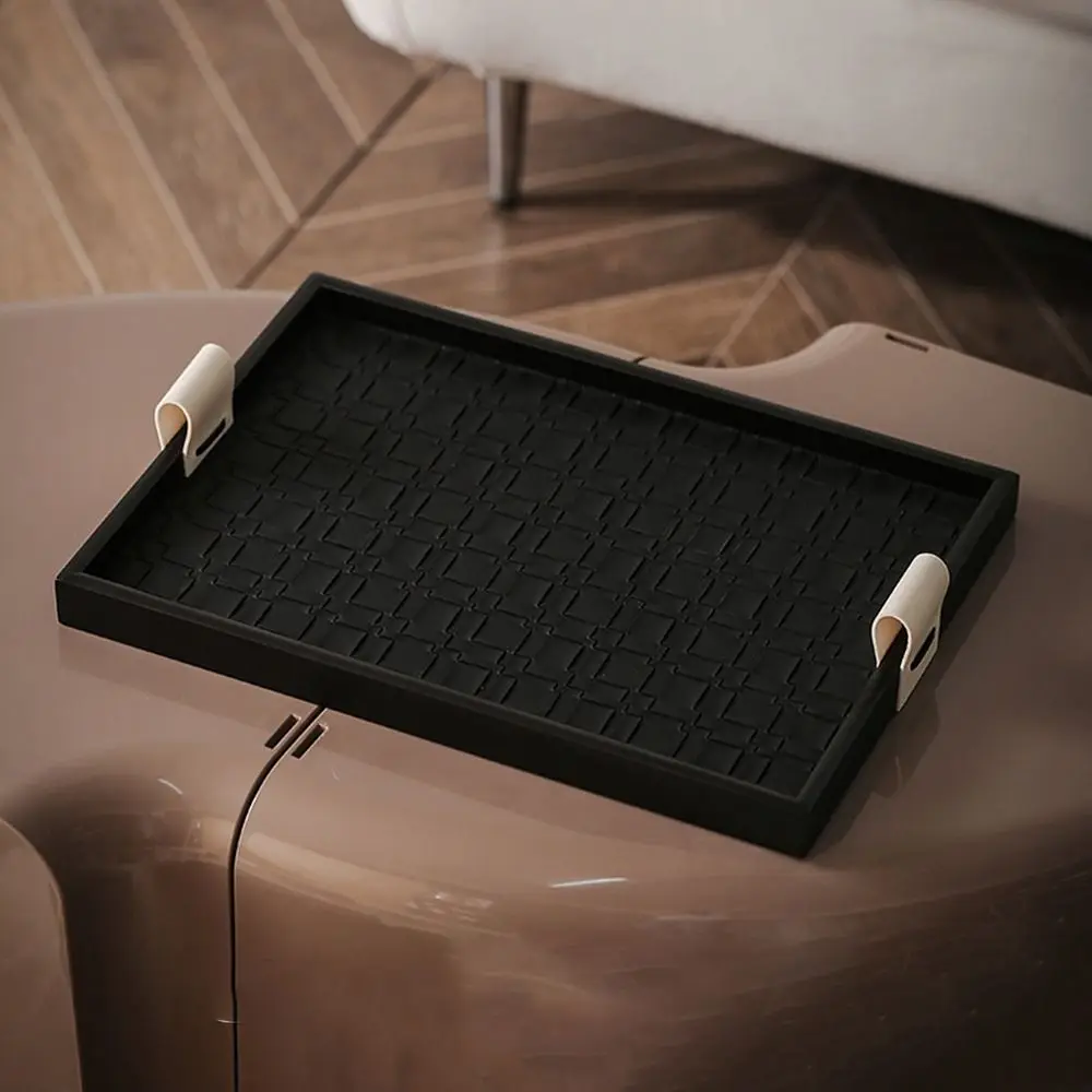 Black/Beige Woven Leather Storage Tray Rectangle with Handle Jewelry Display Plate Handmade Cake Fruit Dessert Tray for Home 4